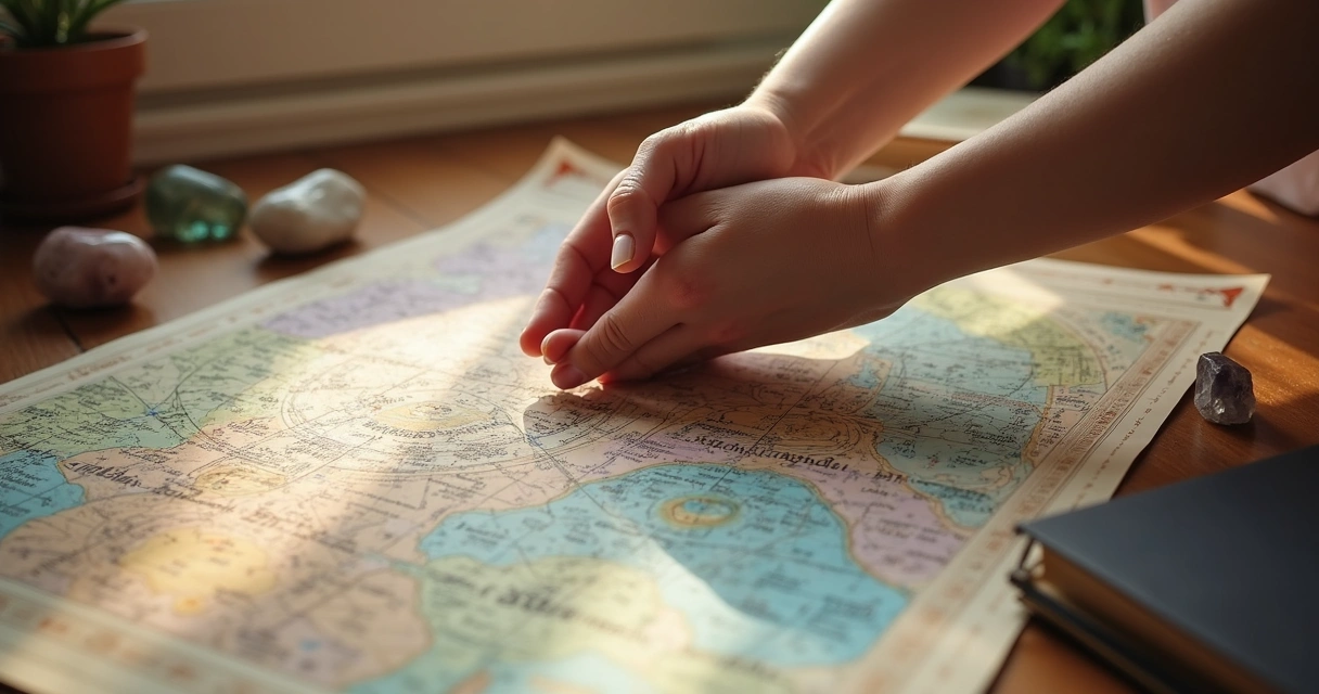 Duas mãos femininas juntas sobre mesa de madeira, com mapas astrológicos coloridos e cristais ao redor
