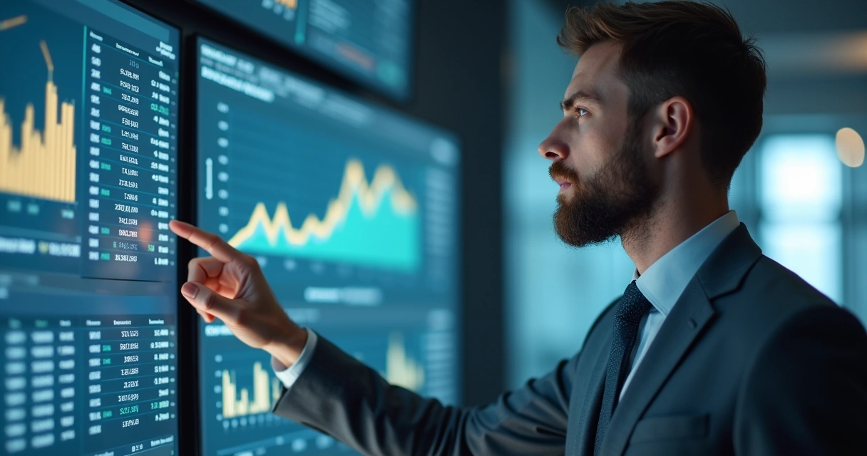 Homem analisando gráficos e tabelas financeiras em monitores 