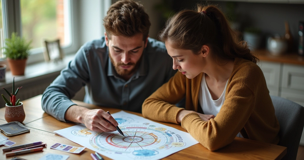 Casal analisando juntos um mapa astral impresso, com símbolos astrológicos coloridos sobre a mesa 