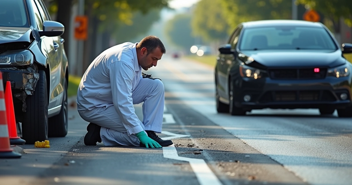 Perito analisando marcas de frenagem em asfalto perto de carros colididos 