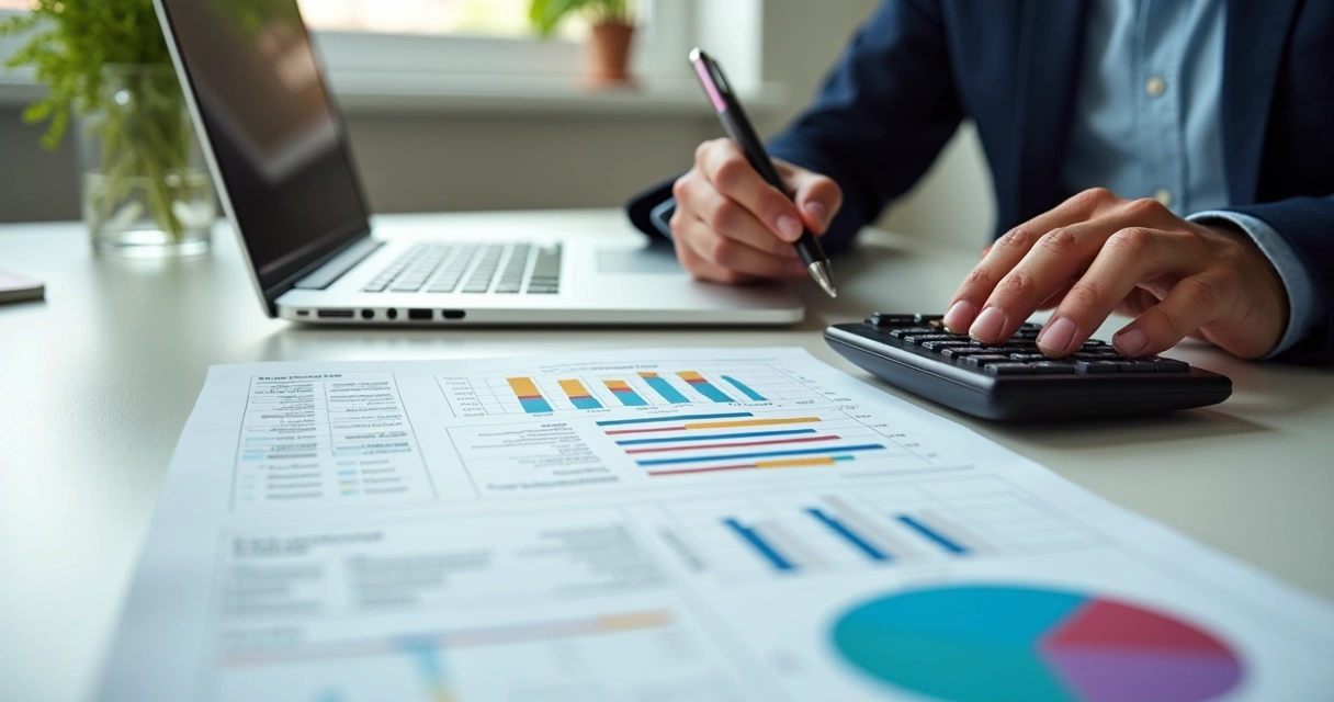 Pessoa analisando uma planilha de margem de contribuição com linhas de produtos, gráficos coloridos e calculadora ao lado. 