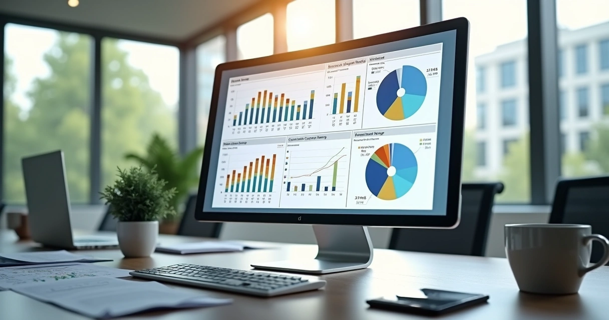Tela de computador exibindo gráficos financeiros detalhados e planilhas com cálculos de margem de contribuição em ambiente de escritório moderno