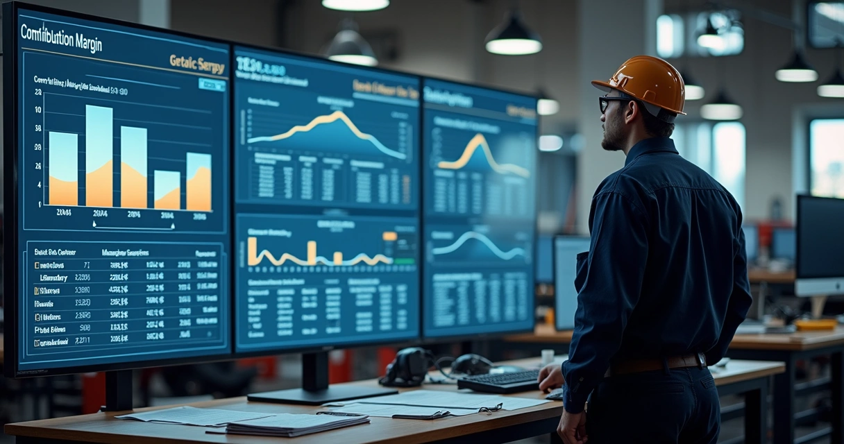 Gestor analisando gráficos de margem de contribuição na oficina mecânica 