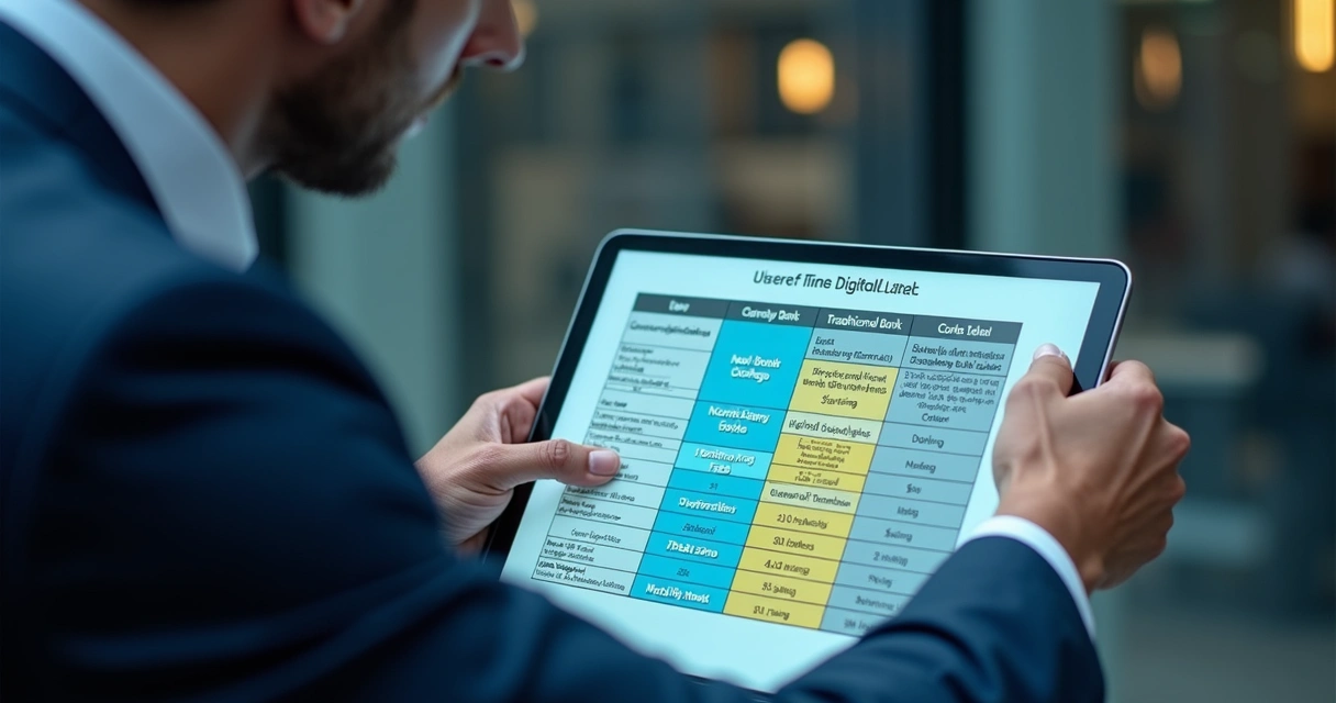 Empresário analisando planilha de tarifas bancárias em notebook 