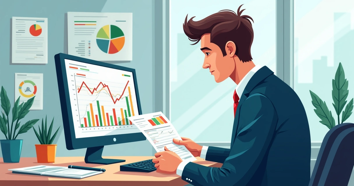 Pessoa olhando papéis e planilhas, com gráficos coloridos e linhas destacando margens de lucro 