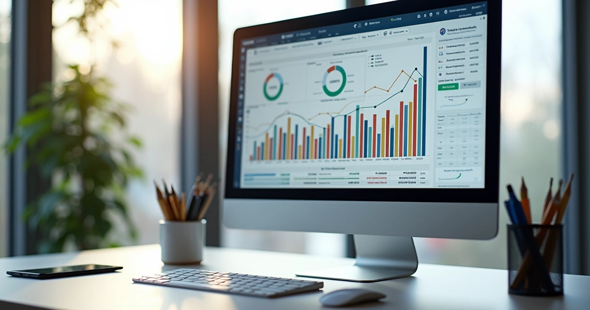 Tela de computador exibindo gráficos financeiros e planilha de margem operacional em ambiente de trabalho moderno