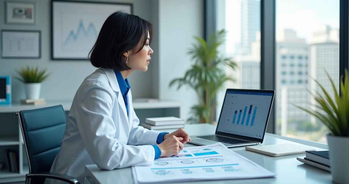Profissional de saúde analisando relatórios de marketing em escritório moderno 