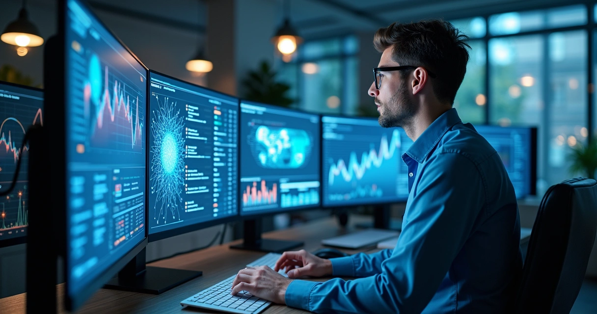 Pessoa analisando dados de marketing digital em telas com gráficos e elementos de inteligência artificial ao fundo 