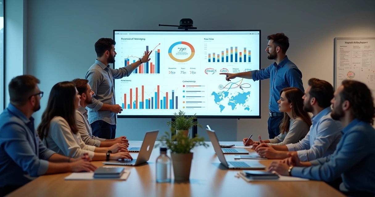 Equipe de marketing avaliando painéis de dados em uma sala moderna 