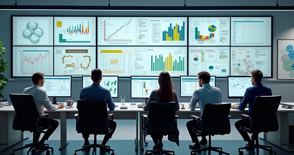 Equipe analisando grandes conjuntos de dados de crédito em monitores