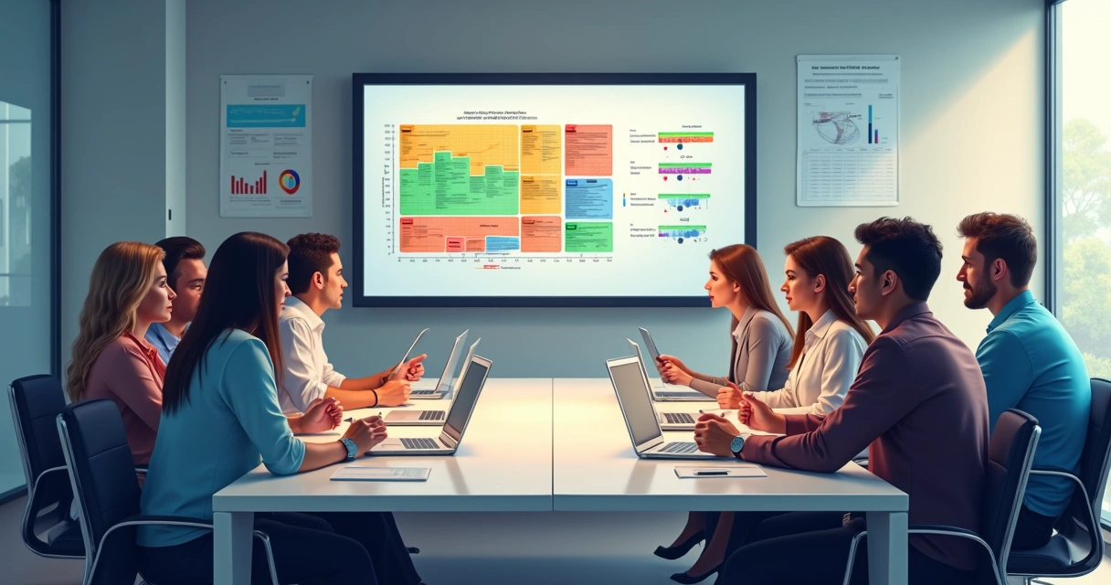Matriz de risco colorida com colaboradores analisando riscos corporativos 