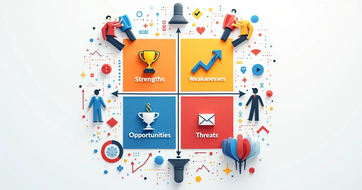 Quadro colorido de matriz SWOT mostrando forças, fraquezas, oportunidades e ameaças desenhados e destacados com ícones e setas. 