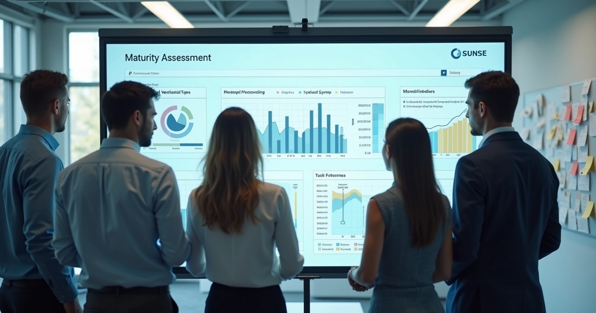 Equipe analisando gráficos de avaliação de conselho executivo 