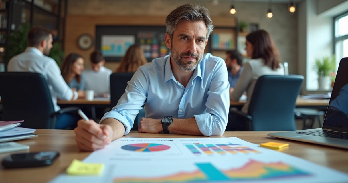 Líder analisando gráficos e avaliando membros da equipe