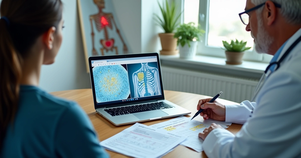 Hematologista analisando exames de medula óssea e sangue sobre a mesa 