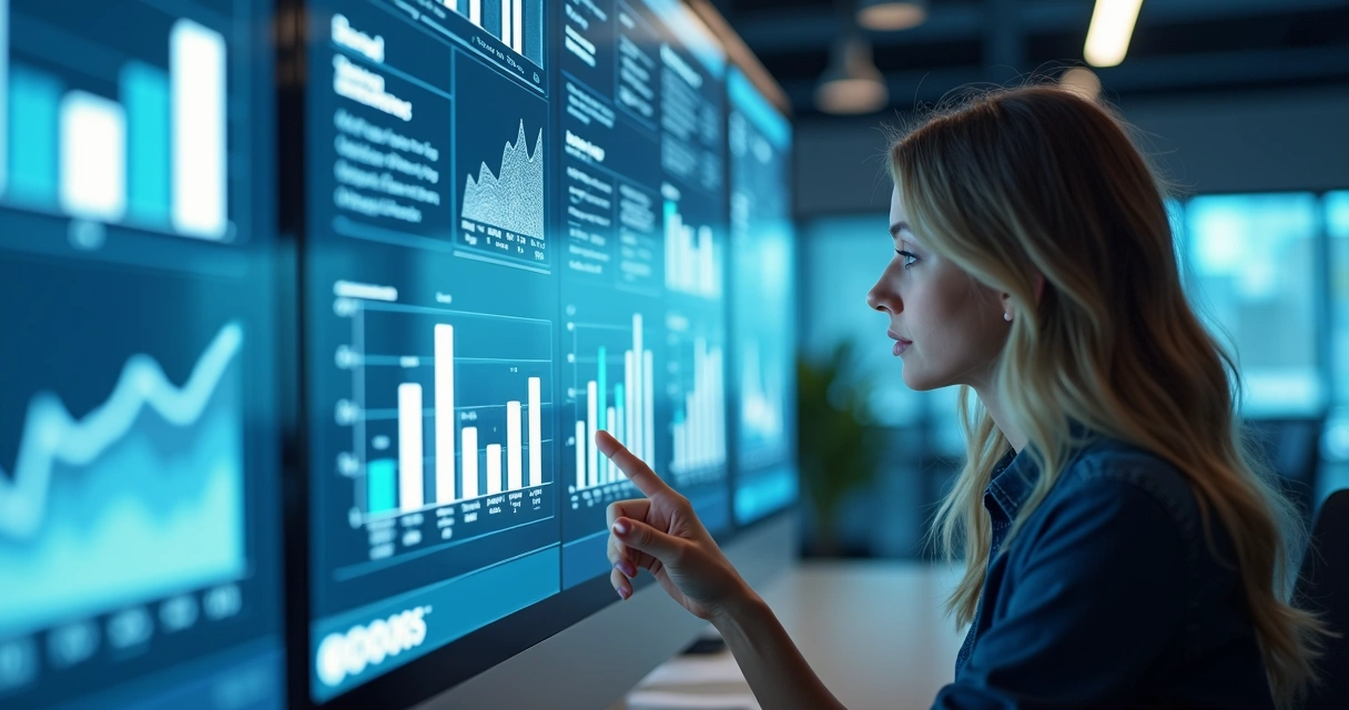 Mulher olhando para vários gráficos digitais sobre menções e sites