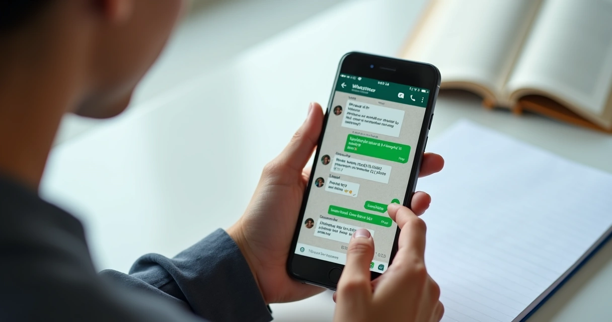Pessoa segurando celular analisando mensagens no WhatsApp 