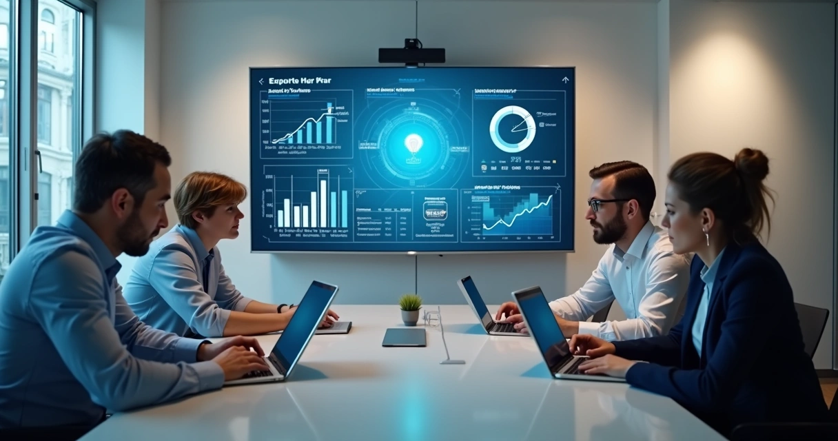 Equipe em reunião analisando dados de mercado em tablets e painéis digitais 