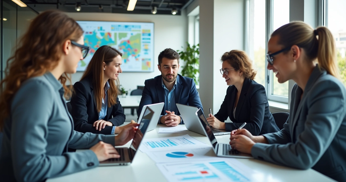 Pessoas analisando gráficos em mesa de reunião digital