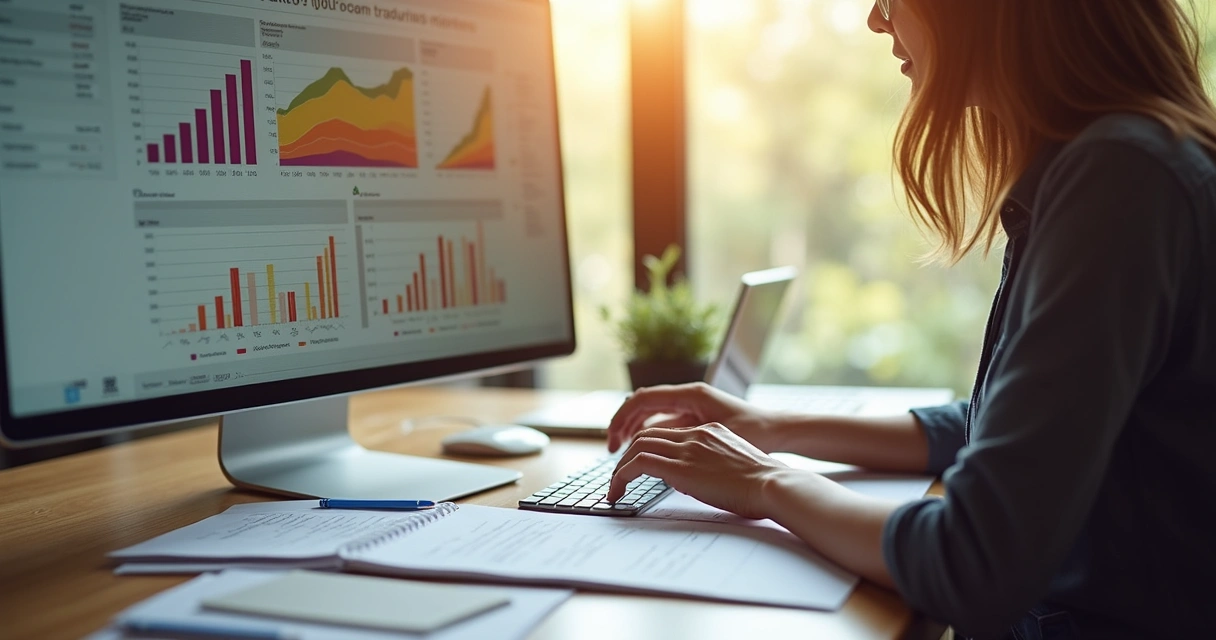 Assistente virtual analisando gráficos de mercado em tela 