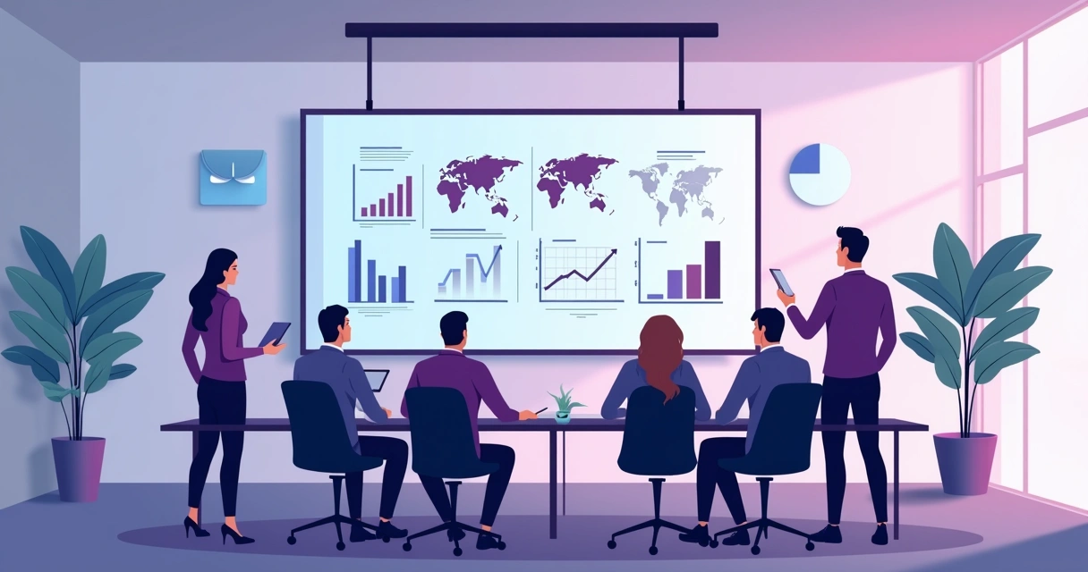 Pessoas em sala de reunião olhando gráficos e mapas de mercado na parede. 