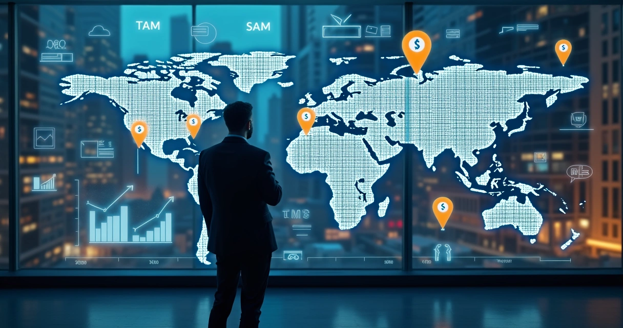 Analista verificando potencial de mercado B2B com gráficos de TAM 