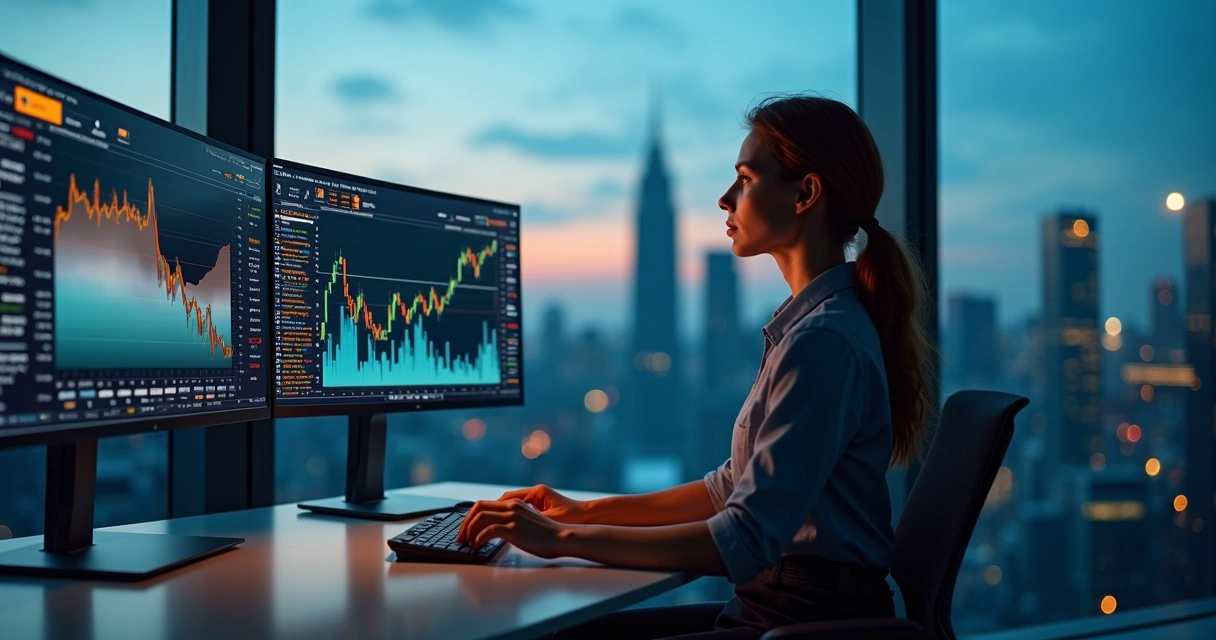 Pessoa analisando gráficos em tela dupla com números e tendências de mercado 