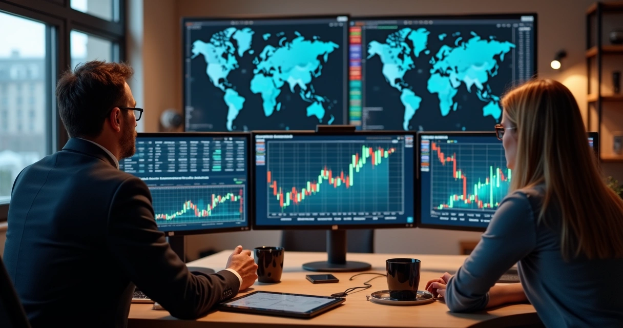 Equipe analisando gráficos de volatilidade de commodities 