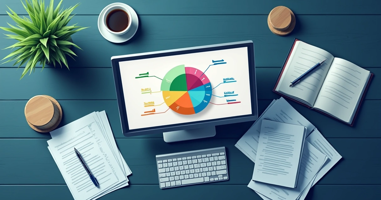 Gráfico colorido de segmentos de mercado contábil analisados em tela 