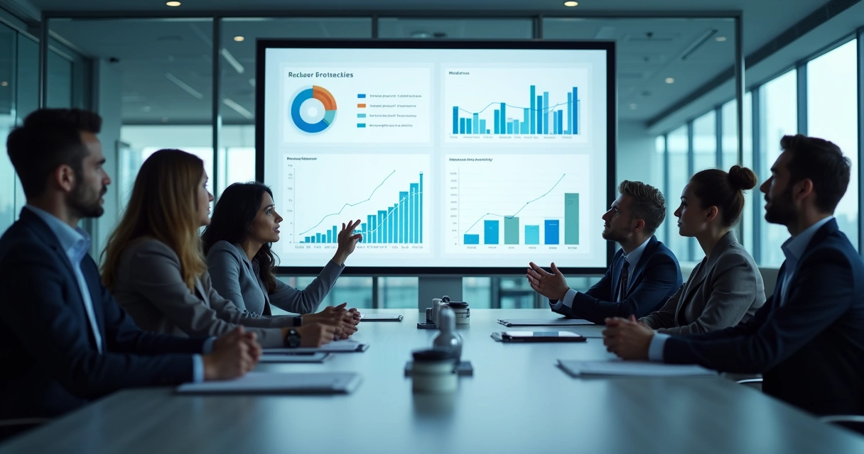 Equipe de vendas analisando gráficos e dados de mercado na sala de reuniões. 