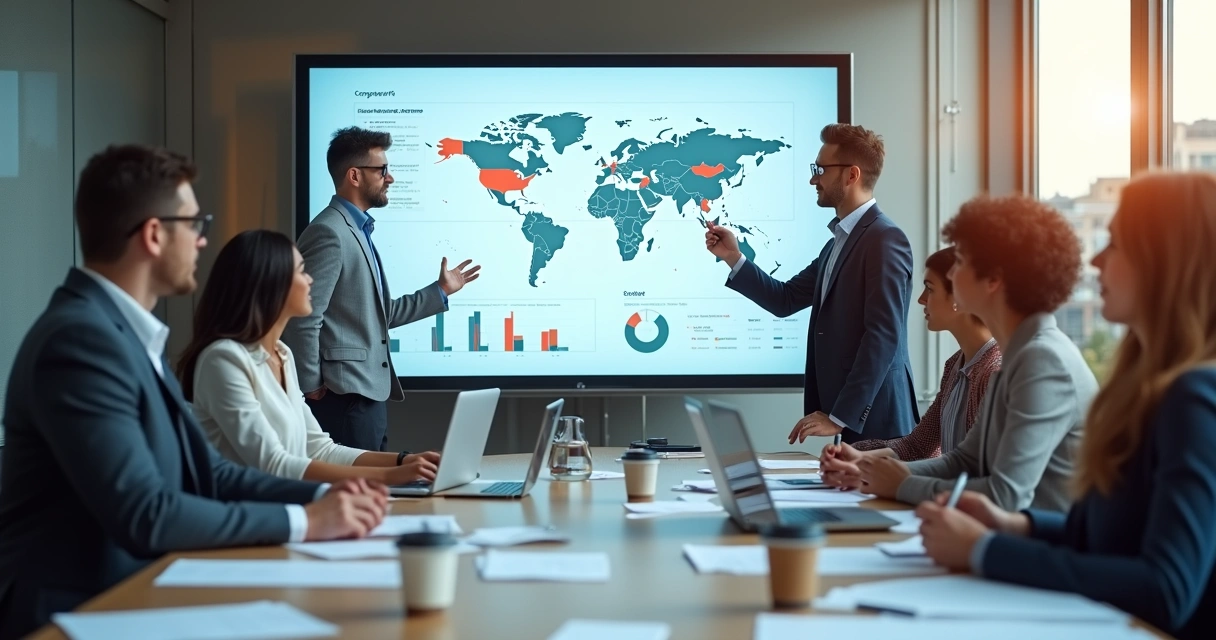 Equipe comercial analisando quadros de informações de mercado. 