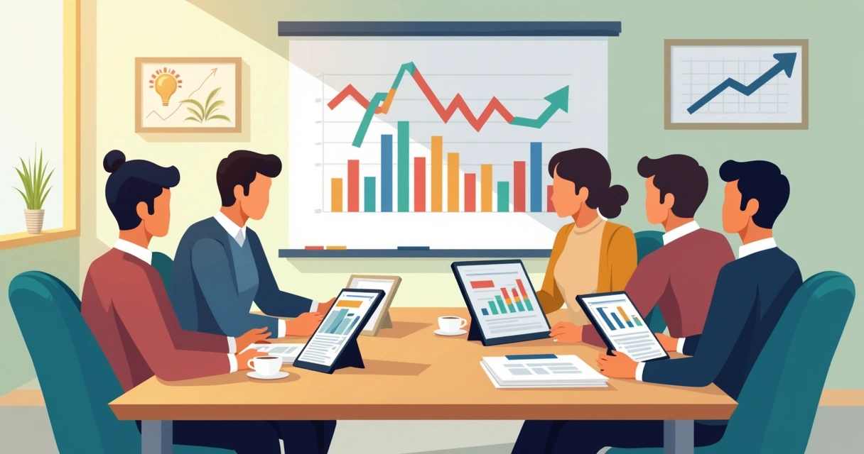 Pessoas analisando gráficos e dados de mercado em uma mesa 