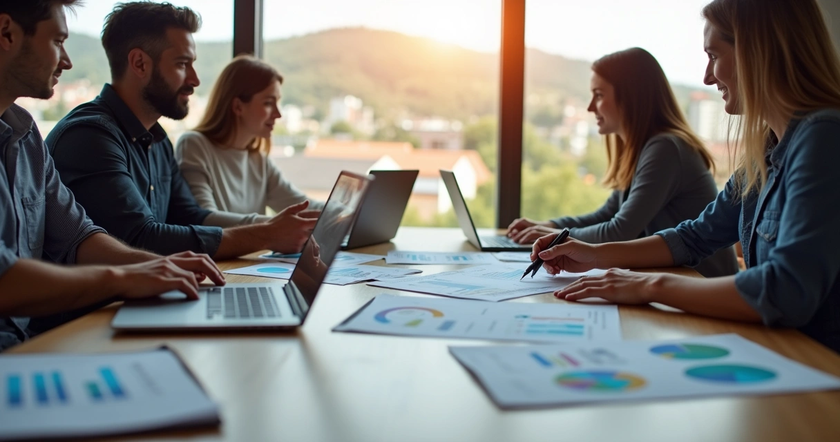 Mesa de reunião com empresários locais analisando gráficos e dados de mercado em laptop e papéis 
