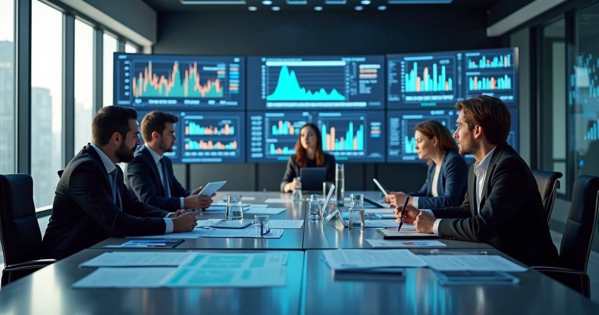 Análise de gráficos financeiros em mesa de reunião 
