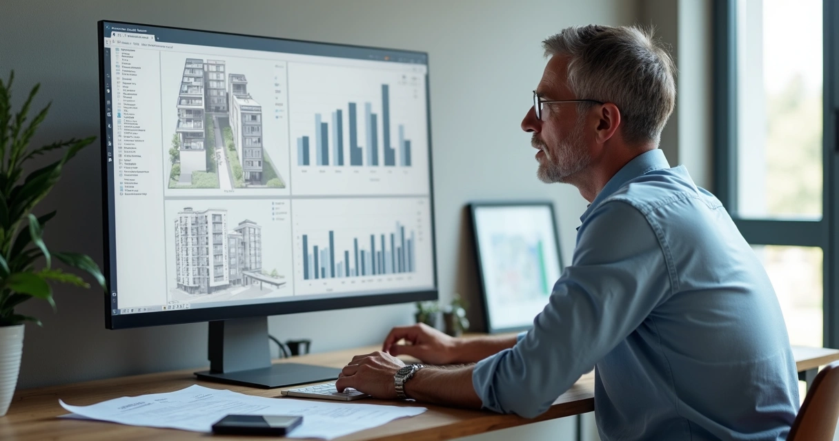 Proprietário analisando dados do mercado imobiliário em tela de computador 