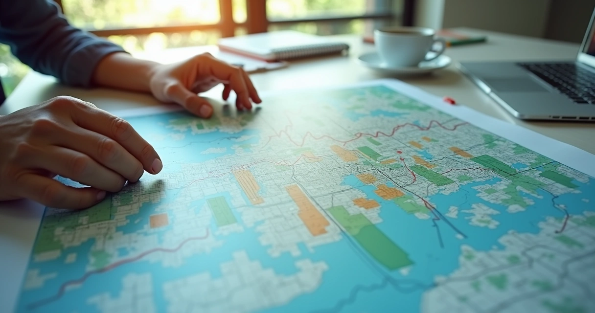 Pessoa analisando mapa imobiliário digital com gráficos de valorização 