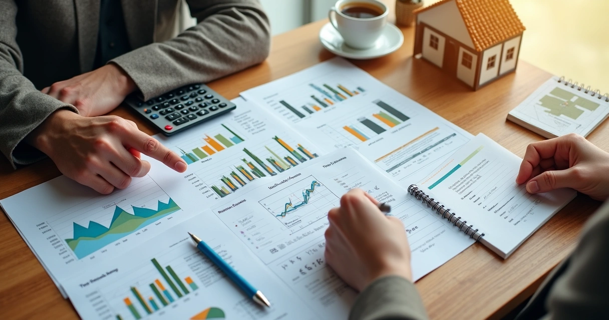 Pessoa analisando documentos e gráficos de avaliação imobiliária em uma mesa 