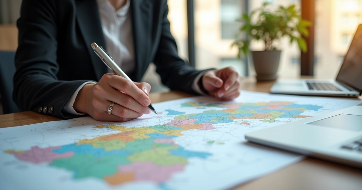 Pessoa analisando gráficos e mapas de tendências imobiliárias em um notebook, bloco de anotações ao lado 
