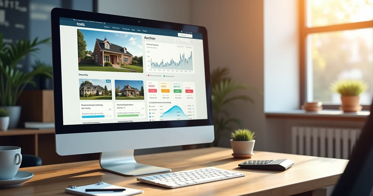 Análise de mercado online de imóveis com gráficos e oportunidades na tela