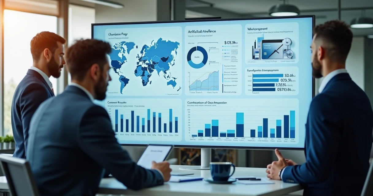 Painel mostrando análise de mercado feita com IA, gráficos e dados em tela 