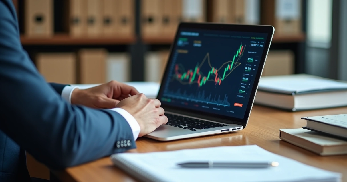 Advogado analisando dados de mercado jurídico em notebook e papéis