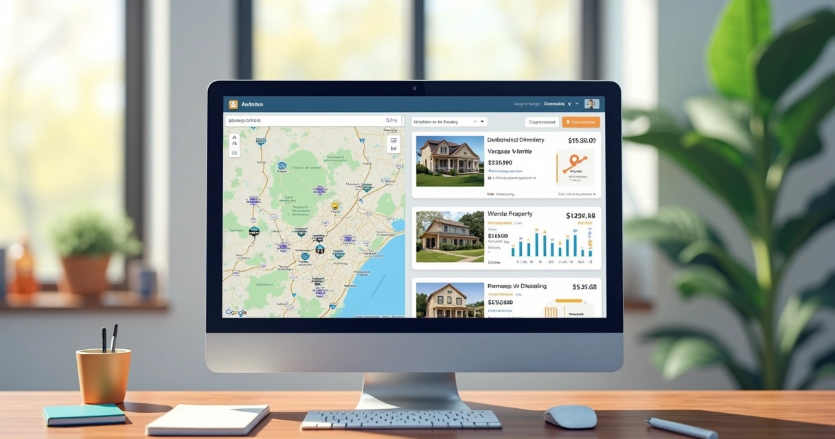 Tela de computador mostrando lista de imóveis para alugar, gráficos e mapas interativos