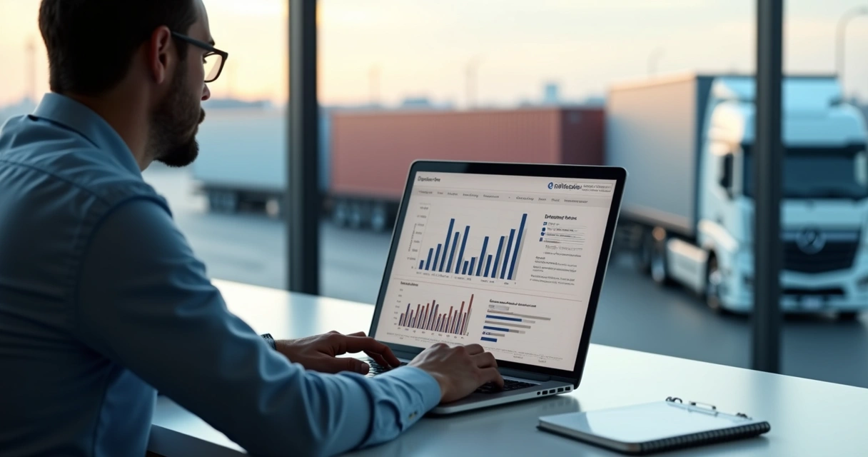 Executivo analisando gráficos de mercado logístico em um notebook 