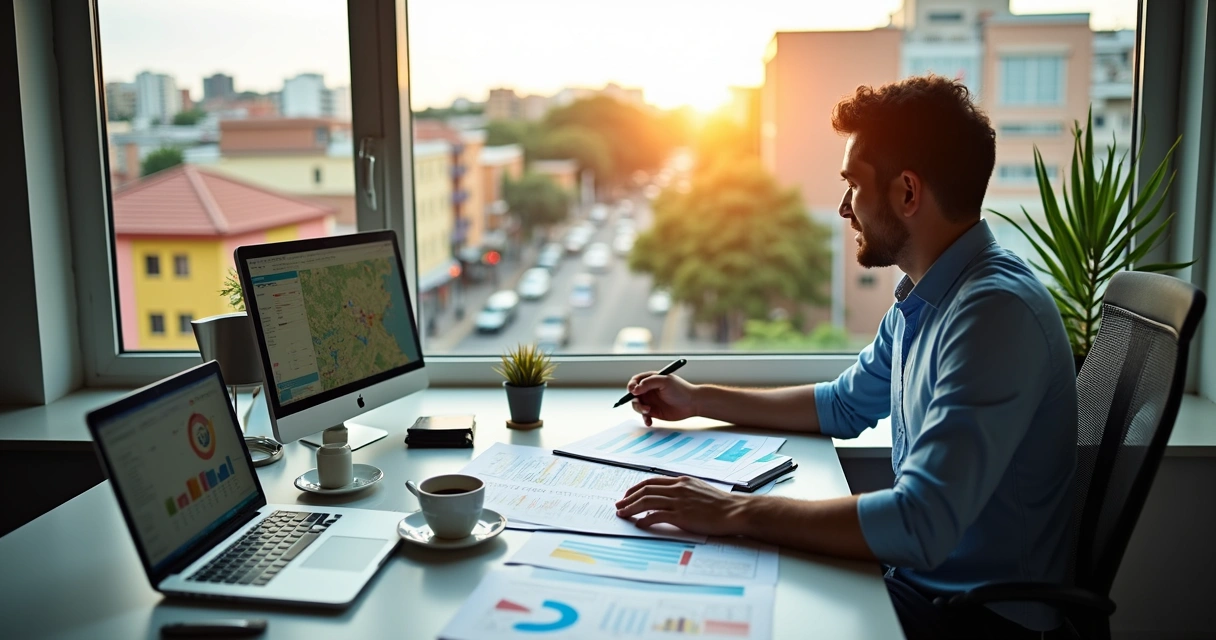 Empresário analisa gráficos e mapas em escritório de Sobral 
