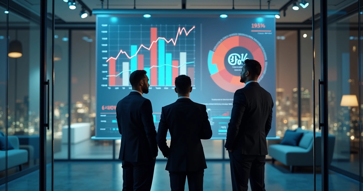 Profissionais analisando gráficos de mercado em um escritório moderno