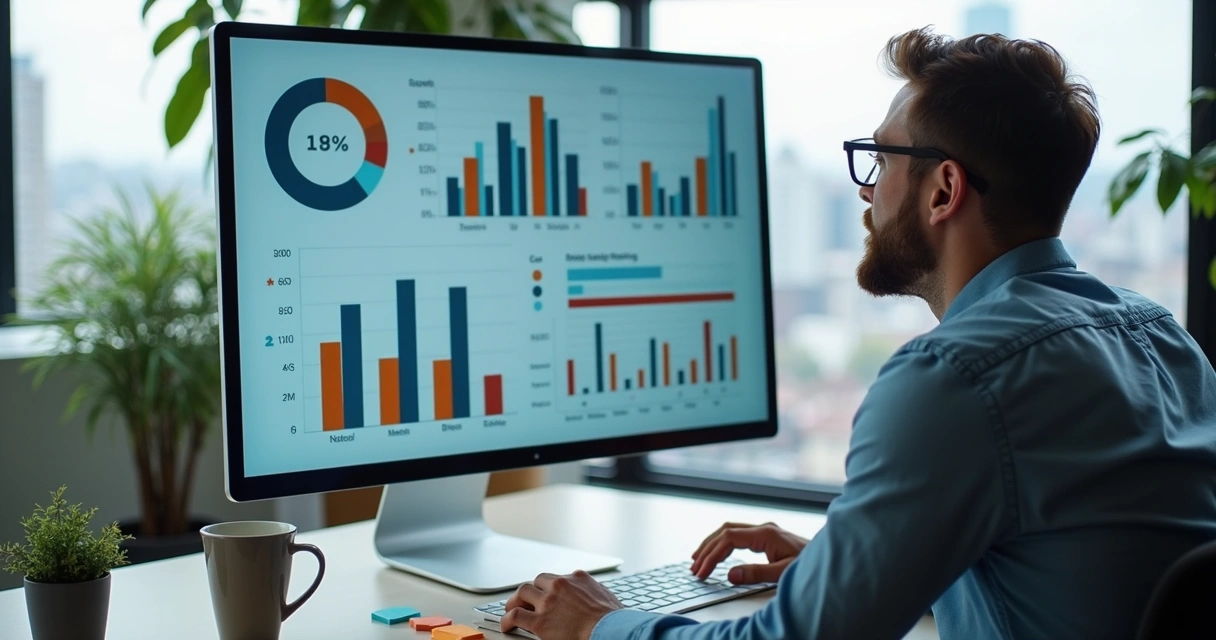 Pequeno empresário analisando gráficos de vendas e tendências de mercado 