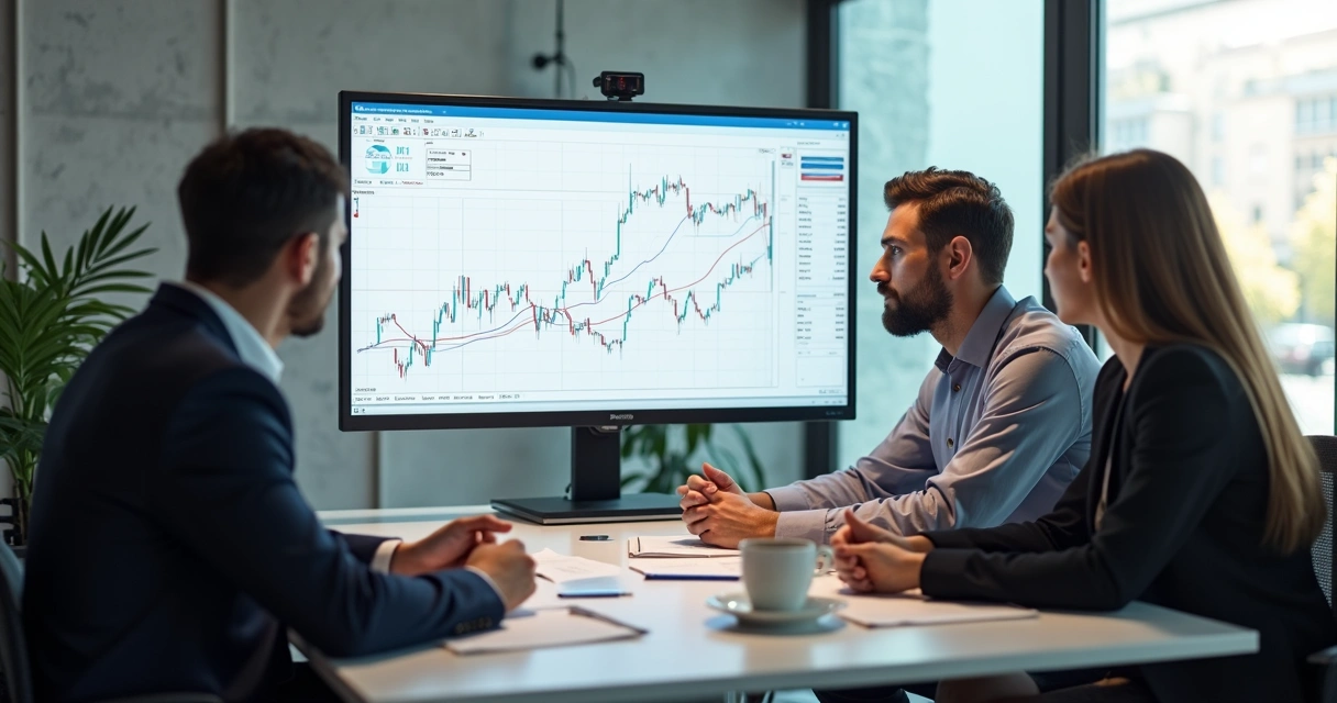 Reunião de gestores analisando gráficos de preço em ambiente empresarial 