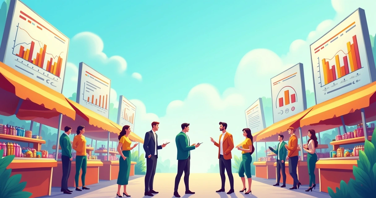 Ilustração de um mercado movimentado, com gráficos de análise de mercado e pessoas discutindo prospeção.