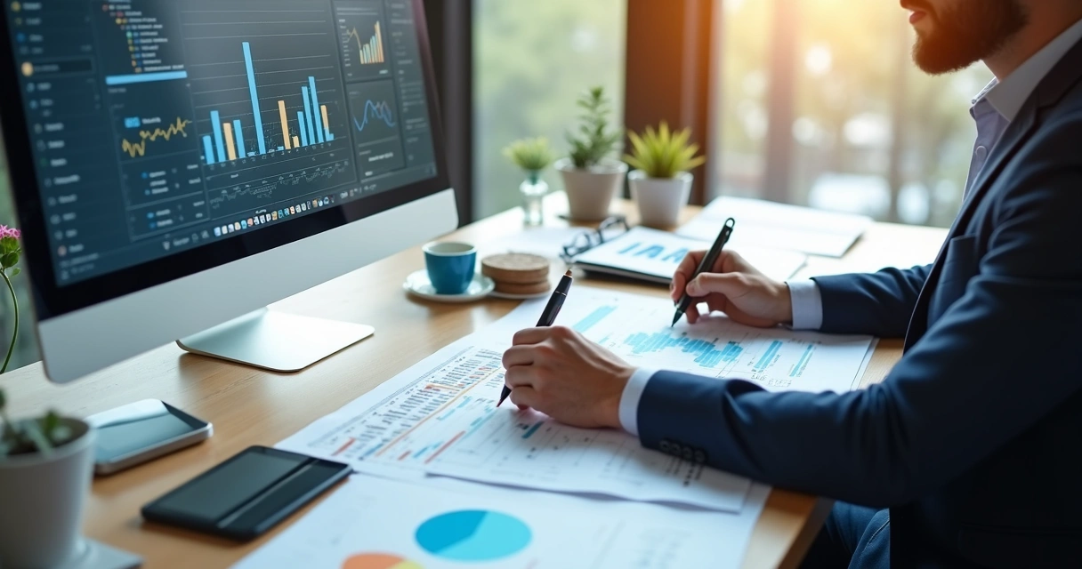 Pessoa analisando gráficos de plano de negócios SaaS na tela 