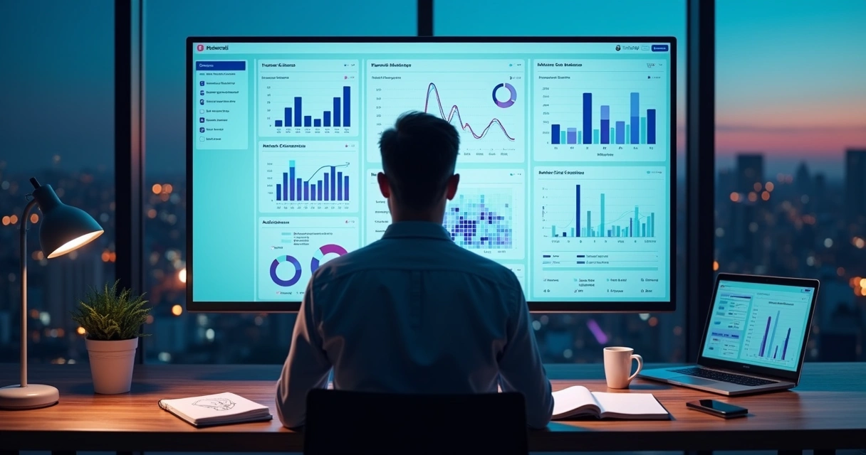 Executivo analisa painel de dados de mercado SaaS em tela grande 